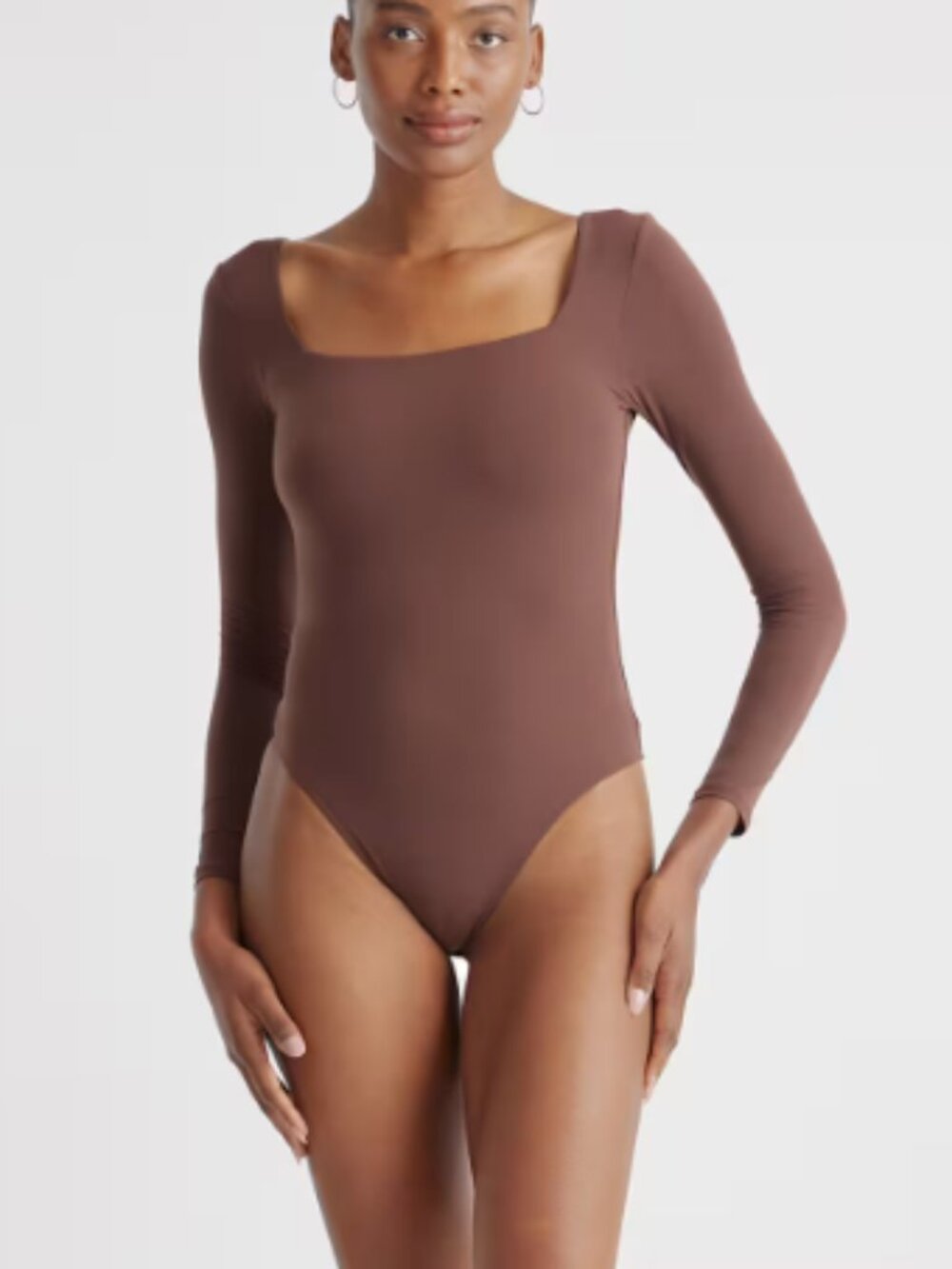 Quince Second Skin Square Neck Long Sleeve Bodysuit Cocoa XL NWT